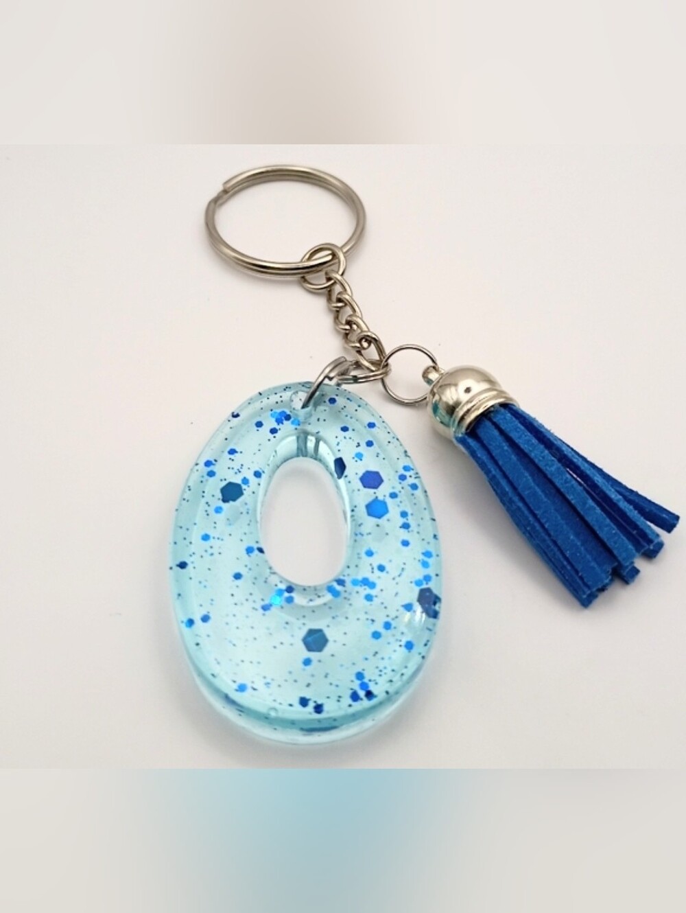 Blue Glitter Resin Letter O Keychain with Tassel